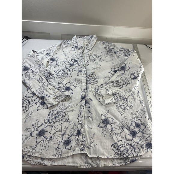 Rachel Ashwell Tops - Rachel Ashwell Womens Large Linen Button Down Shirt Floral Botanical Navy White